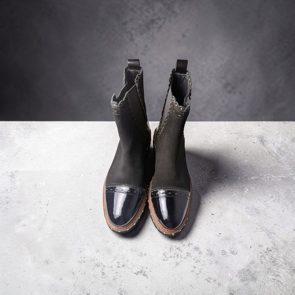 Free People Shoes - Free People Black Suede Patent Leather Studded Scalloped Chelsea Boots 38.5